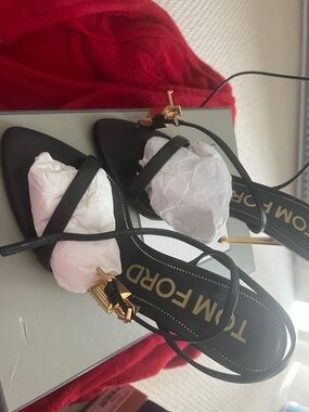 Tom Ford Black Leather Strappy Sandals with Gold Hardware